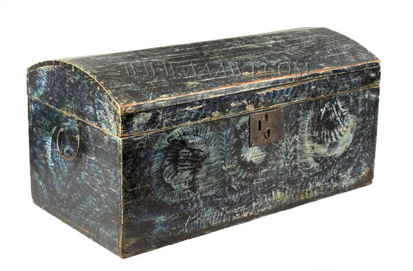 Dome Top Trunk, Original Paint Decoration, Rolled Rag/Putty Technique
Interior lined with The Massachusetts Spy (1833) Worcester, Newspaper
New England, Probably Massachusetts
Early 19th Century, entire view